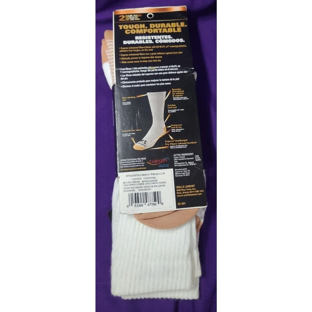 Wells Lamont Copper Infused Work Gear Crew Socks 2 Pair White L Size M 10-1/2